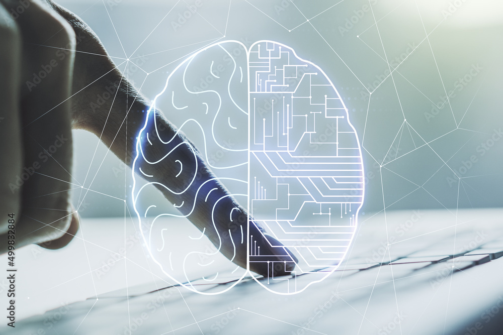 Poster creative artificial intelligence concept with human brain sketch and hands typing on computer keyboa