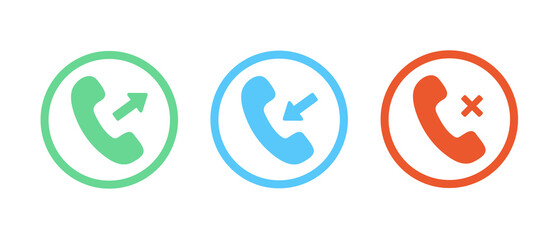 Phone call icons. Phone call, incoming, outgoing and missed icons. Vector