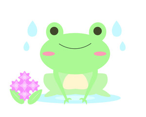 雨の日のカエル 梅雨・蛙・しずく かわいい ベクターイラスト