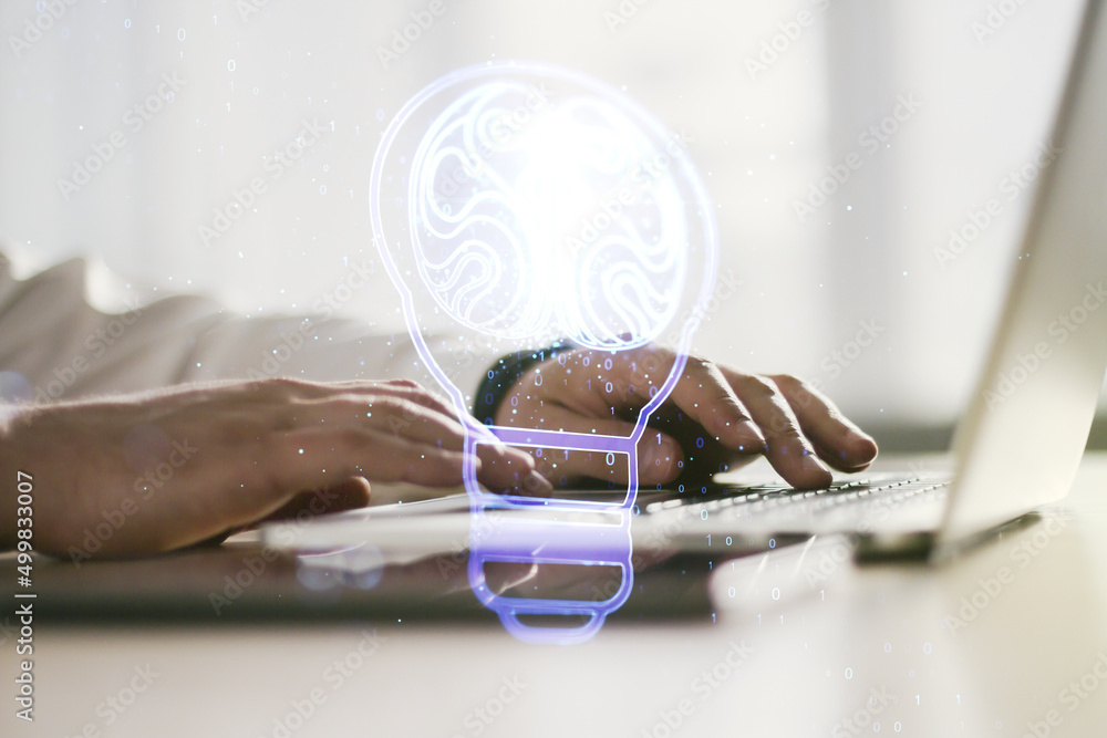 Poster creative light bulb with human brain hologram and with hands typing on computer keyboard on backgrou