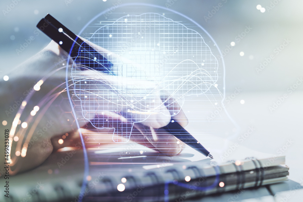 Poster double exposure of creative artificial intelligence symbol with man hand writing in notebook on back