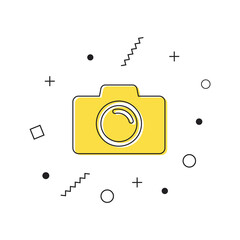 Photo camera in flat style. Yellow camera icon with geometric shapes on white background. Vector