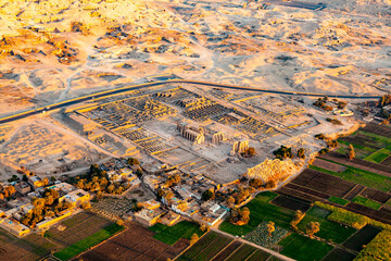 Aerial view The Temple of Ramesseum for Ramses II in Theban Necropolis. - obrazy, fototapety, plakaty