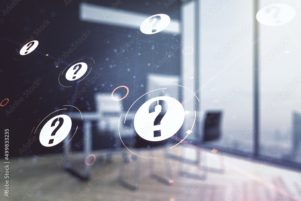 Aufkleber Creative concept of question mark illustration and modern desktop with computer on background. FAQ and search concept. Multiexposure