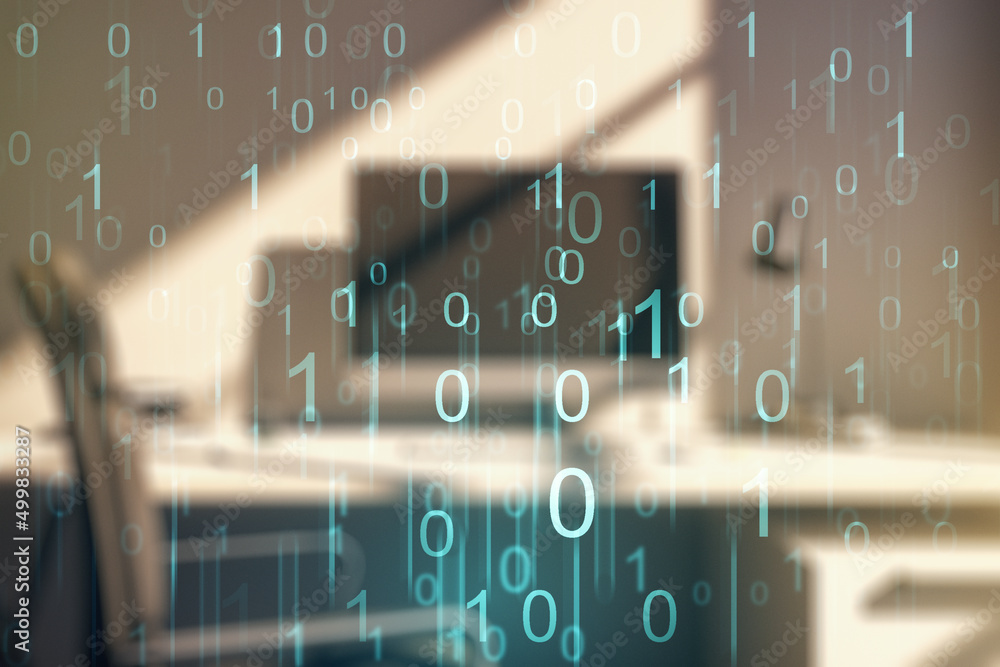 Poster creative abstract binary code hologram and modern desktop with pc on background, ai and machine lear