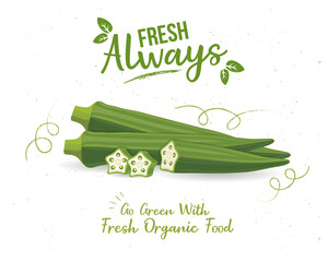 Ladyfinger, Okra Vegetable vector illustration with pieces of vegetable - obrazy, fototapety, plakaty