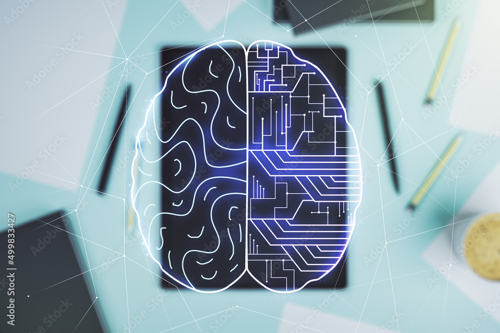 Aufkleber Double exposure of creative human brain microcircuit and modern digital tablet on background. Future technology and AI concept