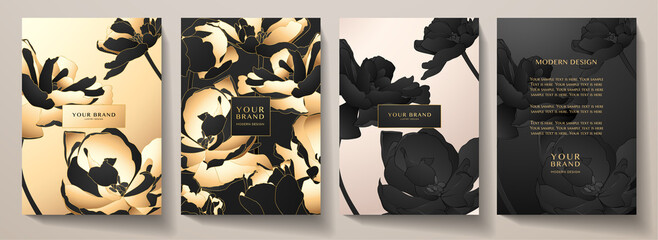 Floral cover and frame page design set with premium flower in black and gold color. Lux summer elegant vector background pattern for luxury wedding invitation, menu, summer sale, holiday poster