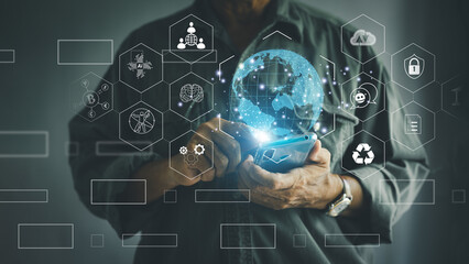 Businessmen use smartphones to connect online. With Internet technology, concepts manage documents, big data, metaverse, financial transactions, find new ideas, online marketing, and online security.