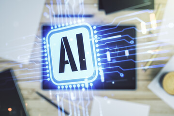 Double exposure of creative artificial Intelligence icon and digital tablet on background, top view. Neural networks and machine learning concept