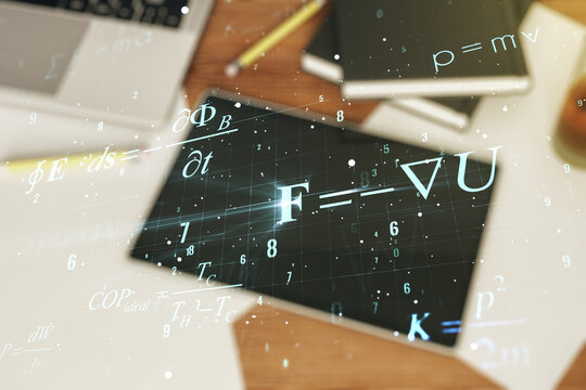 Creative scientific formula concept and modern digital tablet on background, top view. Multiexposure
