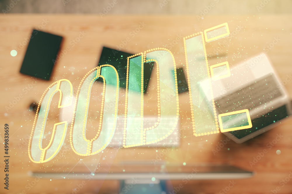 Poster creative code word hologram on modern computer background, artificial intelligence and neural networ