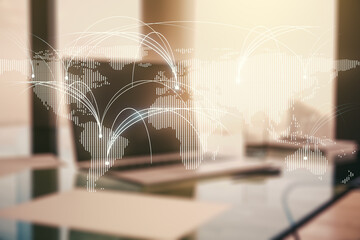 Double exposure of abstract digital world map with connections on laptop background, research and...