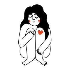 Vector illustration with girl hug your self and red heart on her knee. Cute apparel print design, home decoration poster, sticker template