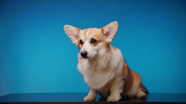 Portrait of a Welsh Corgi Pembroke dog against a blue background. Dog looking into camera, licking nose with tongue, slow motion. Caring for pets.