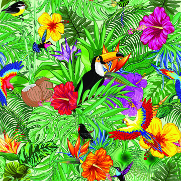 Toucan, Hummingbirds, Macaw Parrots and other Wild Birds in the Jungle Vector Seamless Repeat Textile Pattern