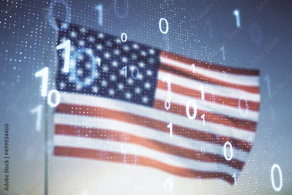 Poster abstract virtual binary code illustration on us flag and blue sky background. big data and coding co