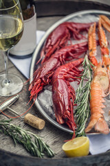 Shrimp Carabineros Langoustine Seafood on Ice with Glass of Wine, Restaurant Food