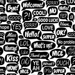 Black and white seamless pattern with cartoon speech bubbles with dialog words: happy, thanks, good, bye. Modern vector illustration.