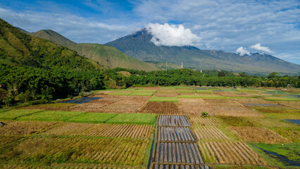 Aerial view of some agricultural fields in Sembalun. Sembalun is situated on the slope of mount Rinjani and is surrounded by beautiful green mountains. Sembalun, Lombok, West Nusa Tenggara, Indonesia.