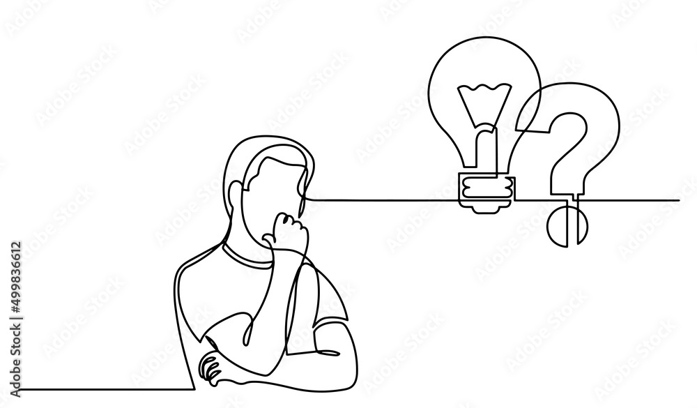Poster one line drawing of person thinking about idea solving problems finding solutions