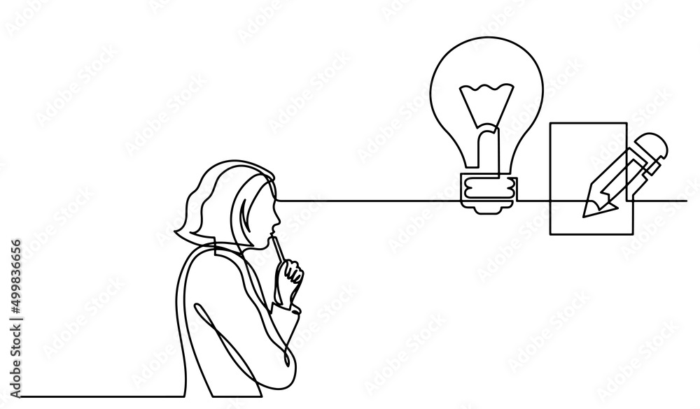 Poster one line drawing of person thinking about idea solving problems finding solutions