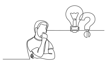 one line drawing of person thinking about idea solving problems finding solutions