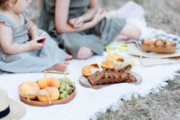Candid lifestyle portrait of two caucasian siblings eating healthy food on picnic blanket at summer. Cute baby one year old and her sister seven years old having fun together during vacations on