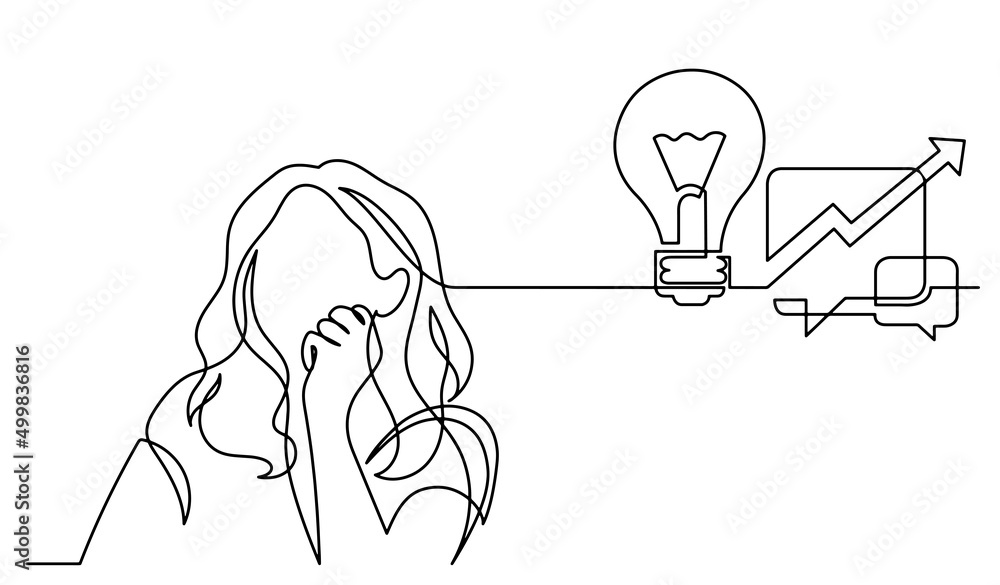 Poster one line drawing of person thinking about idea solving problems finding solutions