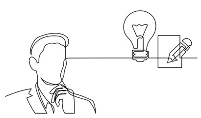 one line drawing of person thinking about idea solving problems finding solutions