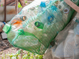 plastic bottles recycled pressed in a mesh