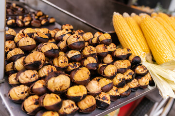 Roasted chestnuts on a street stall in Istanbul Turkey