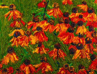 Red and yellow echinacea on green background. Oil painting. Flowers. Summer and spring. For postcards, posters and prints