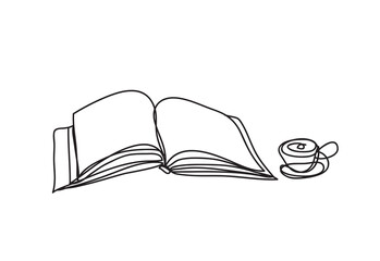 Book and coffee cup ,continuous line drawing , vector design
