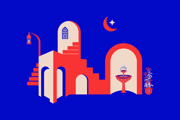Creative minimalist abstracts. House or mosque facade with water fountain, candle lamp, stairs, indoor plants. Vector illustration.