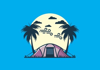 Fototapeta na wymiar Stay in tent under coconut trees flat illustration