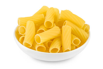 raw italian Rigatoni pasta in ceramic bowl isolated on white background with clipping path and full depth of field