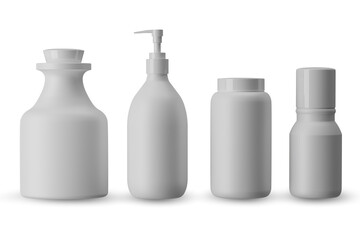 Cosmetic tube set. 3D cream tubes in white color. Plastic gel package white cap. Face skincare lotion container template. Realistic beauty makeup product.