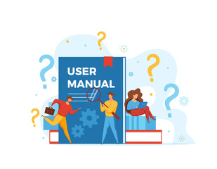 User manual concept vector illustration. People looking at user manual book
