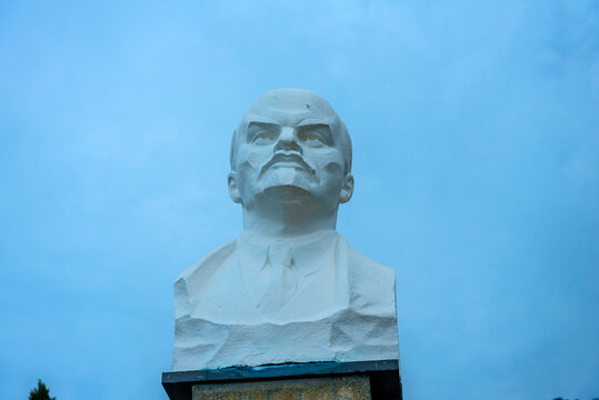 Bust of Vladimir Lenin on the background of mount Cat in the village of Simeiz, Crimea. The inscription in Russian LENIN
