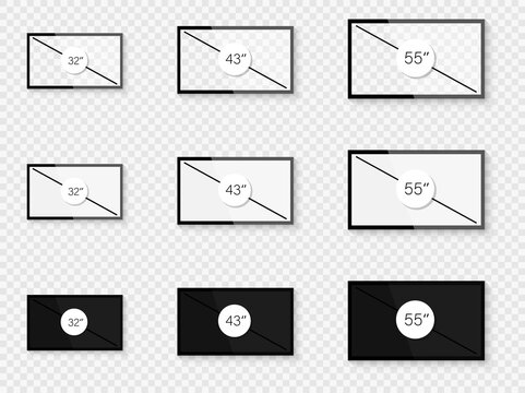 Screen diagonal size in 32, 43, 55 inches set. Screen inches size. Realistic screen 32, 43, 55 inches collection. Screen icon set in realistic style on transparent background. Vector graphic.