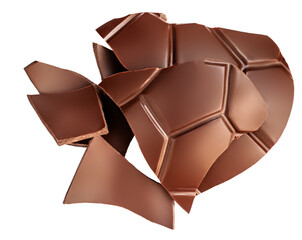 Crushed Chocolate pieces isolated on white background. Various Milk chocolate closeup.