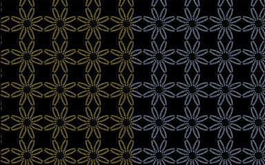 Geometrical floral ornamental seamless patterns set. Abstract sun, sunflower symbols in gold yellow or blue tones colors. Black easy editable color background. Vector