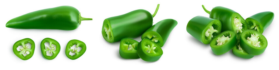 jalapeno peppers isolated on white background. Green chili pepper with clipping path and full depth of field. Set or collection - obrazy, fototapety, plakaty
