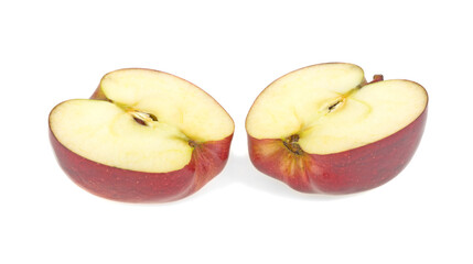 two halves of red juicy apple isolated on white background