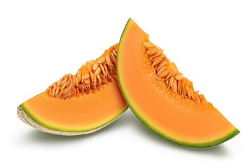 Cantaloupe melon piece isolated on white background with clipping path and full depth of field.
