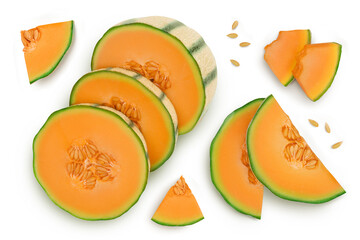 Cantaloupe melon isolated on white background with clipping path and full depth of field. Top view. Flat lay