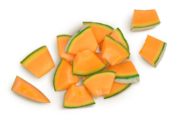 Cantaloupe melon slices isolated on white background with clipping path and full depth of field. Top view. Flat lay