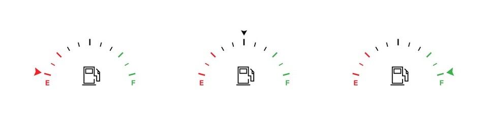 Fuel gauge flat vector illustration set. Car dashboard icon set. Vector graphic illustration. Fuel gauge meter, indicator. - obrazy, fototapety, plakaty
