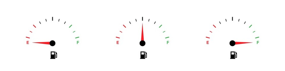 Fuel gauge arrow flat vector illustration set. Car dashboard icon set. Vector graphic illustration. Fuel gauge meter, indicator. - obrazy, fototapety, plakaty